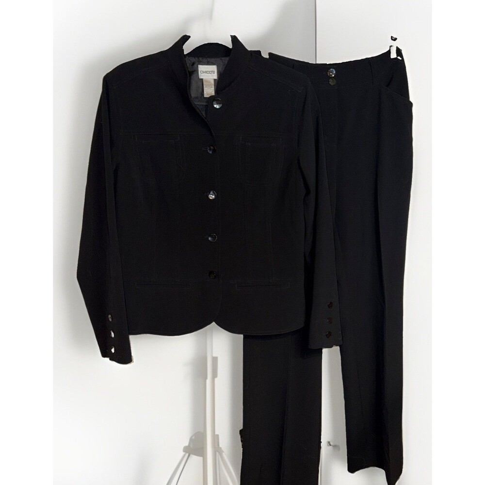 Chicos Women Sz 0 S Classic Black Pant Suit 5 Button Blazer Straight Leg Career